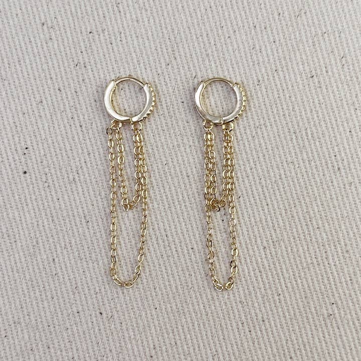 18k Gold Filled Cz Hoop with Dangling Chains Earrings