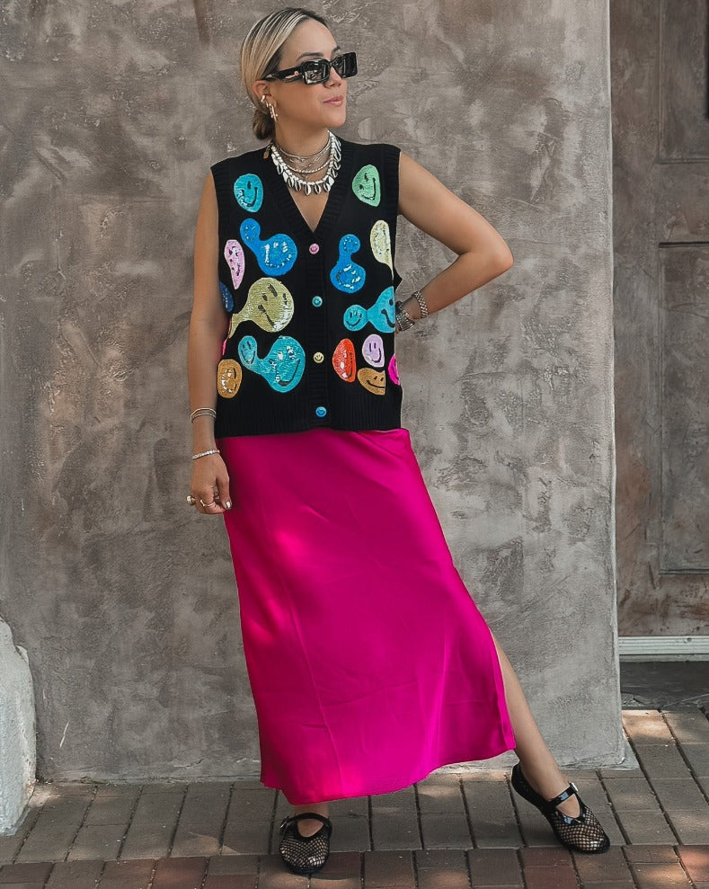 BLACK GROOVY SMILEY BUTTON UP SWEATER VEST