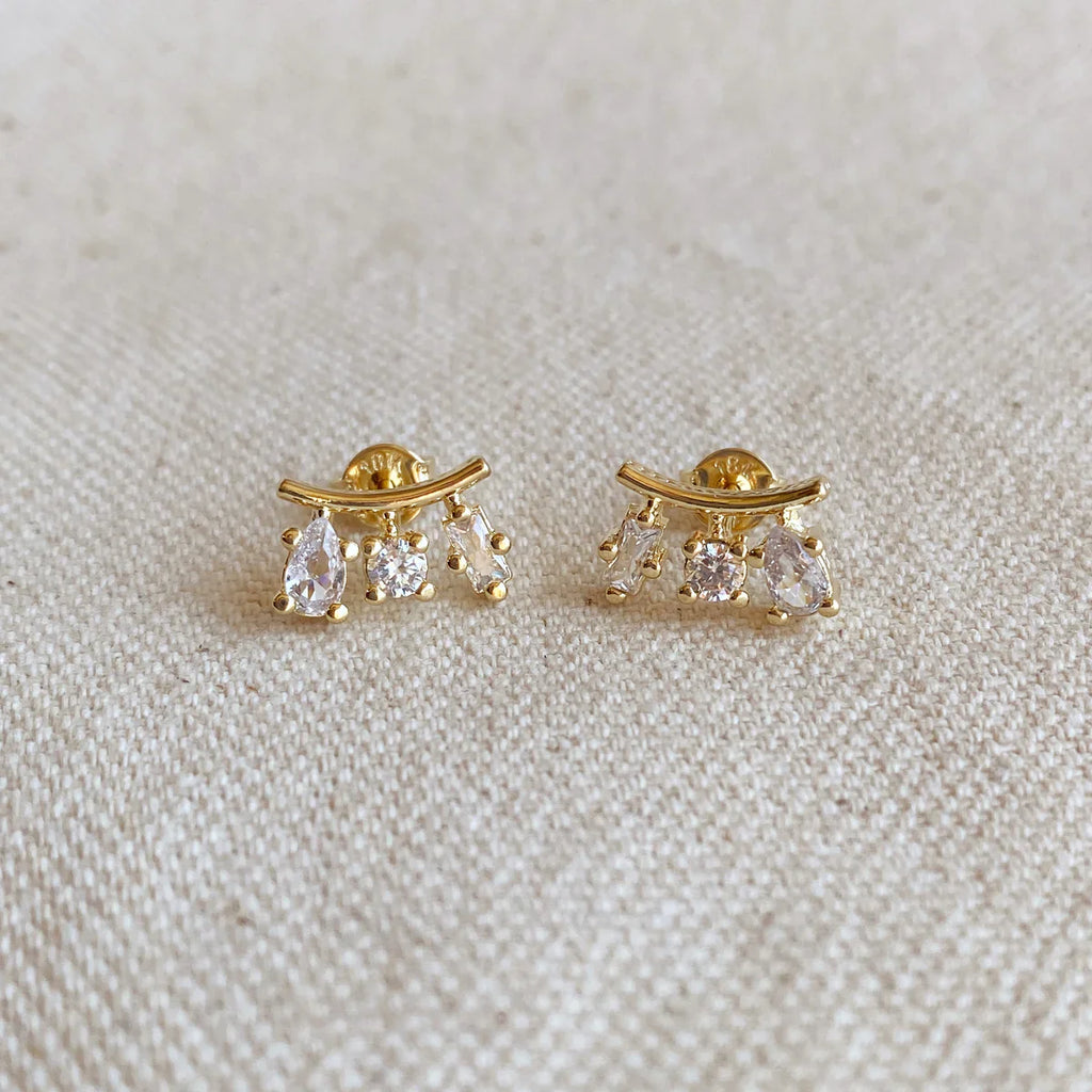 18k Gold Filled Clear Cubic Zirconia 3-Shapes Stud Earrings