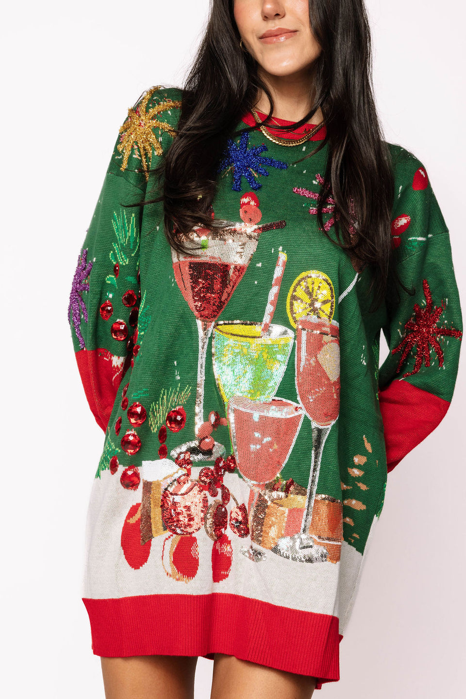 Dark Green & Red Christmas Cocktails Sweater Dress